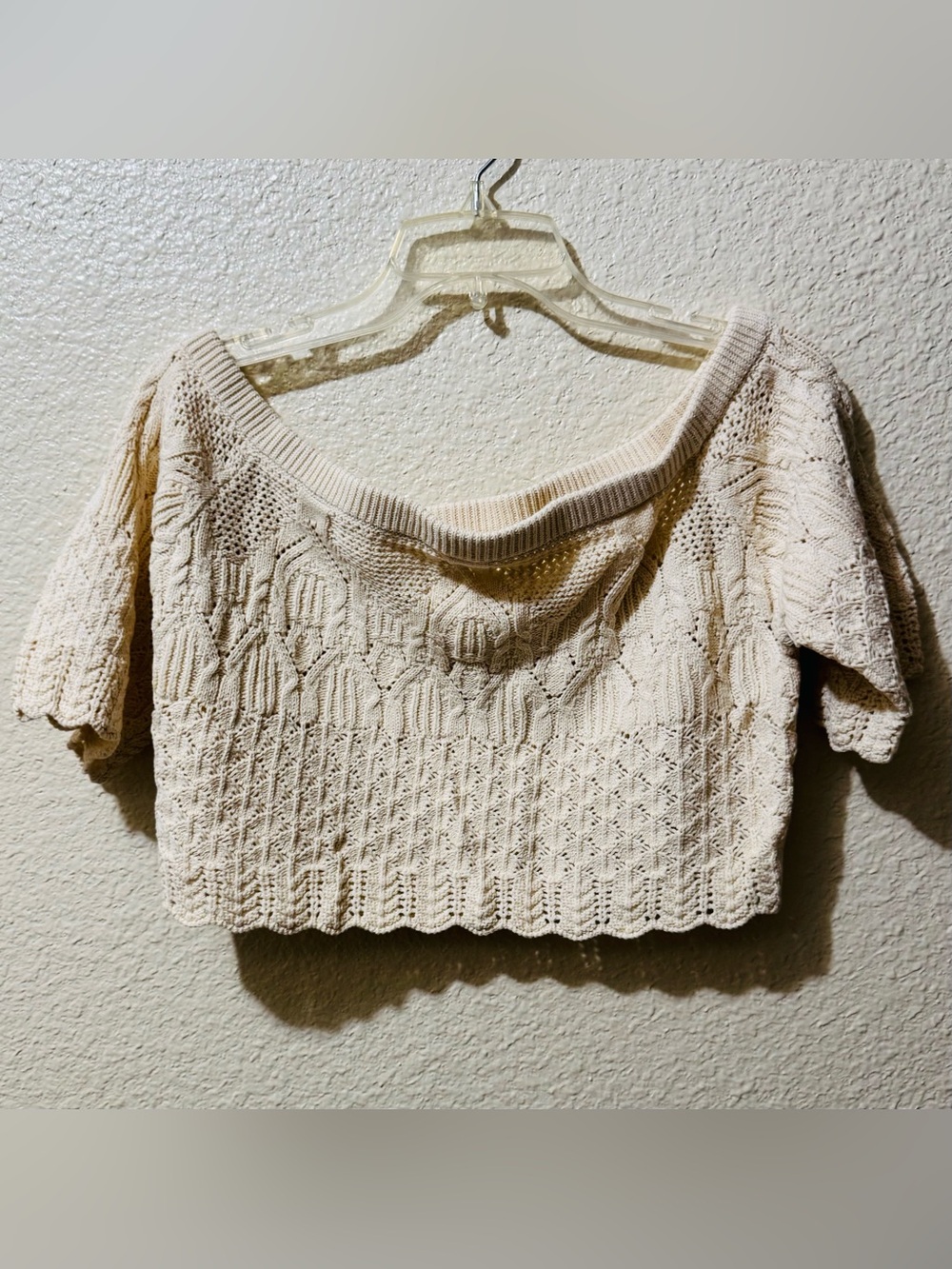 ba&sh Cream Off-Shoulder Cropped Crochet Sweater L
